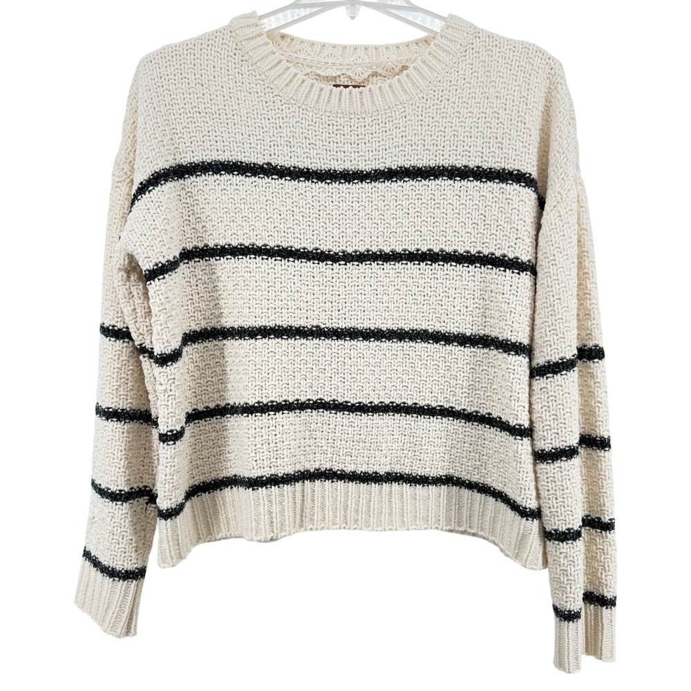 POL Women's Cream Black Stripe Knit Sweater Pullover Crew Neck Oversized Medium